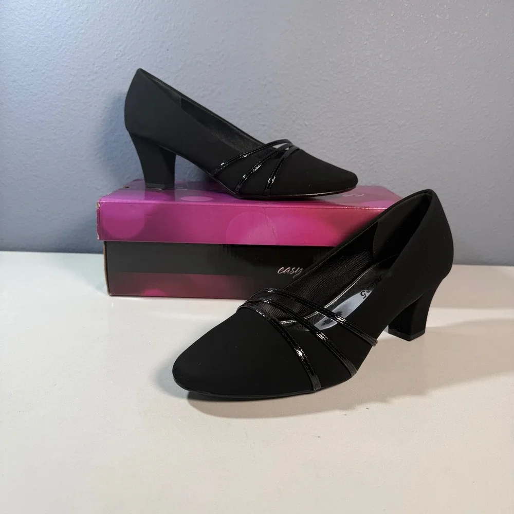 Easy Street Alive Pump Women 9.5 Black Heel Strappy Accent